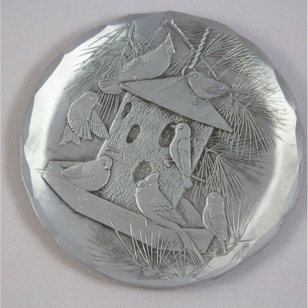 Wendell August Forge 1990's Pewter Plate Coaster Birds at Feeder Cardinals 4"